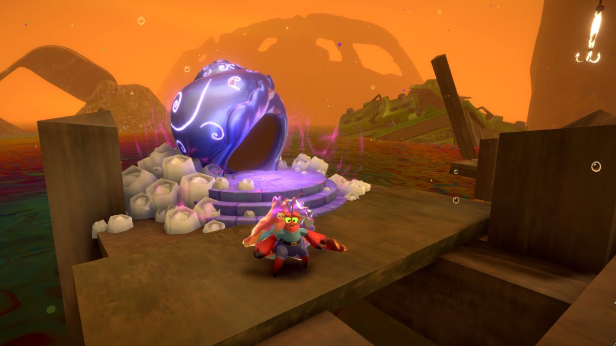 Kril standing in front of a Moon Snail Shell in Flotsam Vale of Another Crab's Treasure