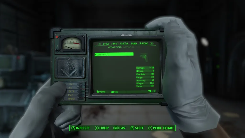 Using the console to spawn a weapon in Fallout London.