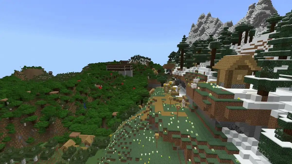 A Mountainside Plains Village in front of a Woodland Mansion and a Pillager Outpost